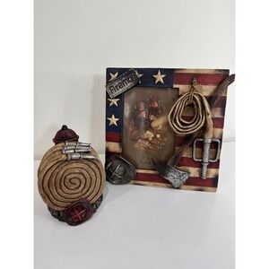 Patriotic Fireman Helmet Hose Axe USA Flag 4"X6" Frame And Coaster Set Fire Gift